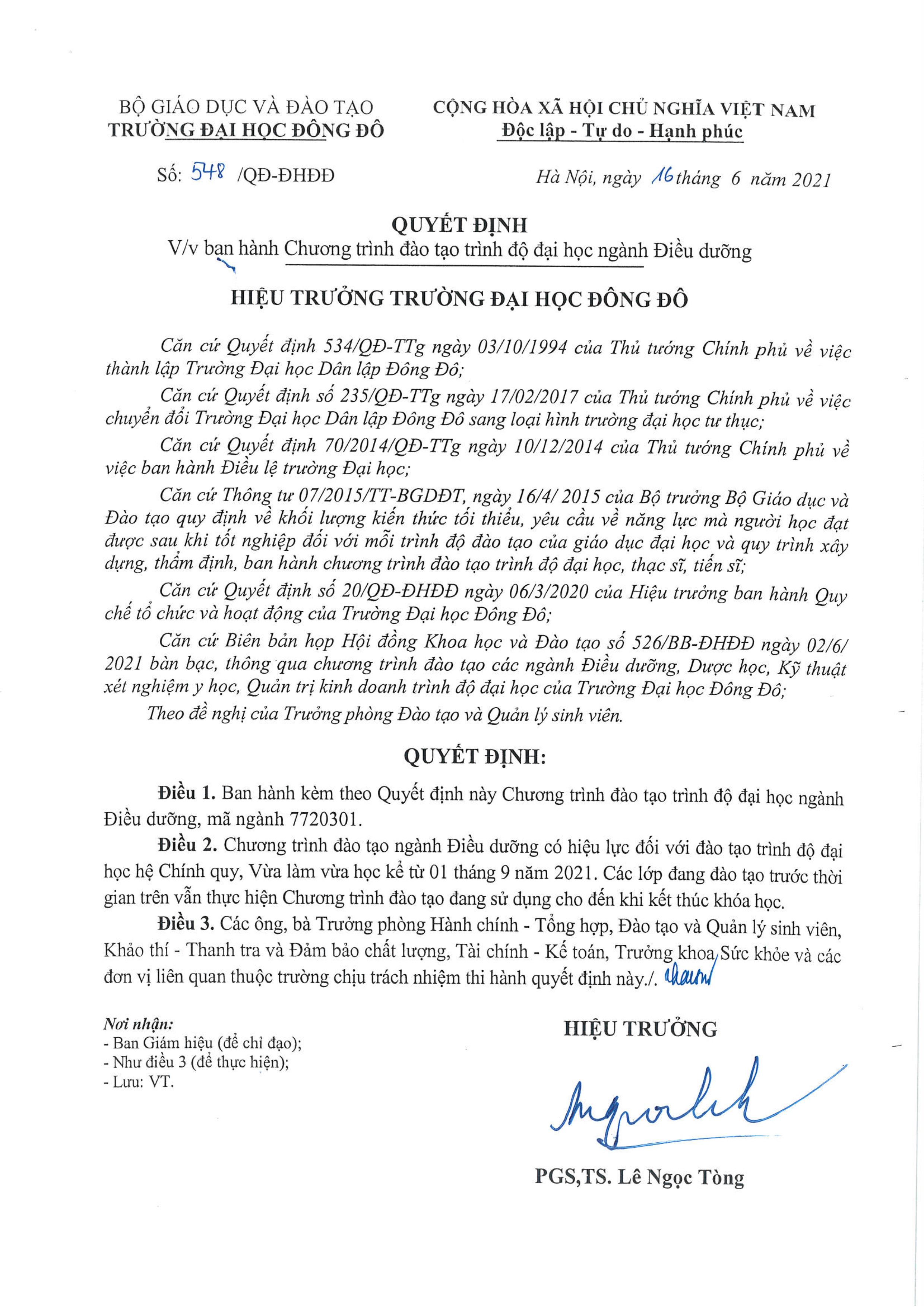 QĐ số 548 ng&agrave;y 16/06/2021 về việc ban h&agrave;nh chương tr&igrave;nh đ&agrave;o tạo ng&agrave;nh Điều dưỡng